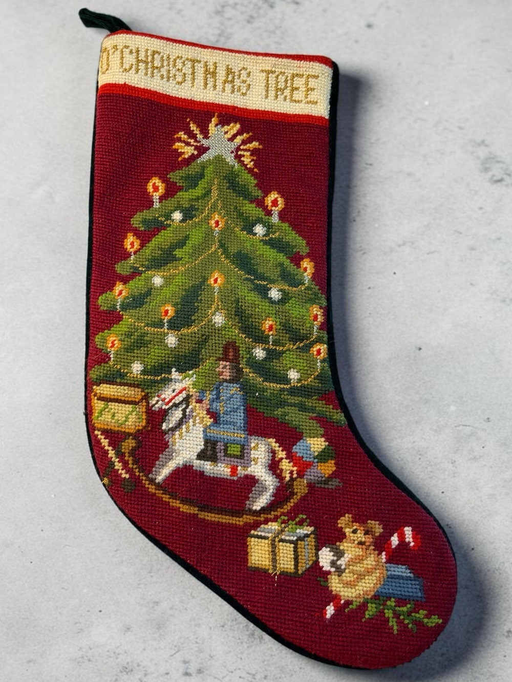 Vintage red wool needlepoint Christmas stocking